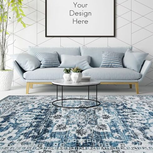 COZYLOOM Area Rug 2x3 Vintage Door Mat Medallion Accent Rug Retro Floral Printed Indoor Doormat Boho Chenille Entryway Mat Floor Cover Living Room Bedroom Non-Slip Washable Rug Blue/White in Kuwait