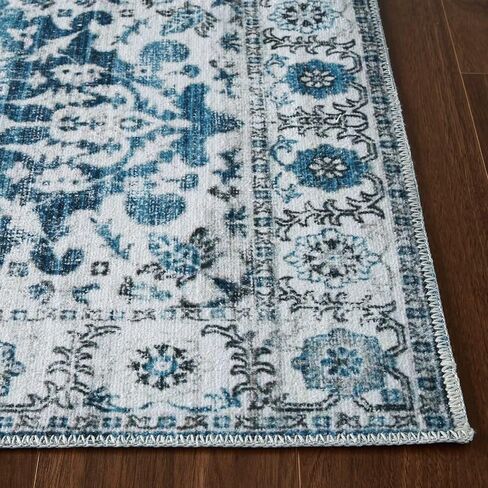 COZYLOOM Area Rug 2x3 Vintage Door Mat Medallion Accent Rug Retro Floral Printed Indoor Doormat Boho Chenille Entryway Mat Floor Cover Living Room Bedroom Non-Slip Washable Rug Blue/White in Kuwait