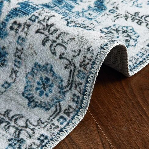 COZYLOOM Area Rug 2x3 Vintage Door Mat Medallion Accent Rug Retro Floral Printed Indoor Doormat Boho Chenille Entryway Mat Floor Cover Living Room Bedroom Non-Slip Washable Rug Blue/White in Kuwait