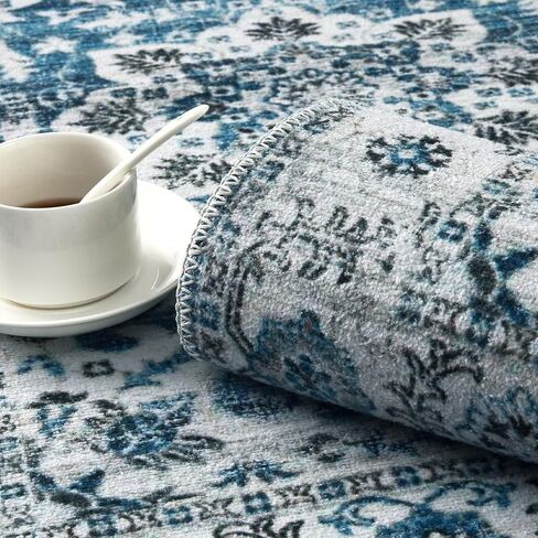 COZYLOOM Area Rug 2x3 Vintage Door Mat Medallion Accent Rug Retro Floral Printed Indoor Doormat Boho Chenille Entryway Mat Floor Cover Living Room Bedroom Non-Slip Washable Rug Blue/White in Kuwait