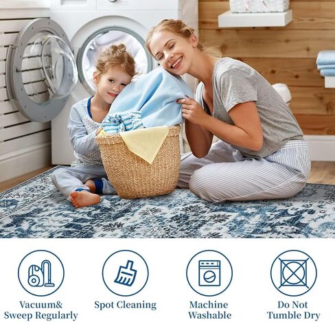 COZYLOOM Area Rug 2x3 Vintage Door Mat Medallion Accent Rug Retro Floral Printed Indoor Doormat Boho Chenille Entryway Mat Floor Cover Living Room Bedroom Non-Slip Washable Rug Blue/White in Kuwait