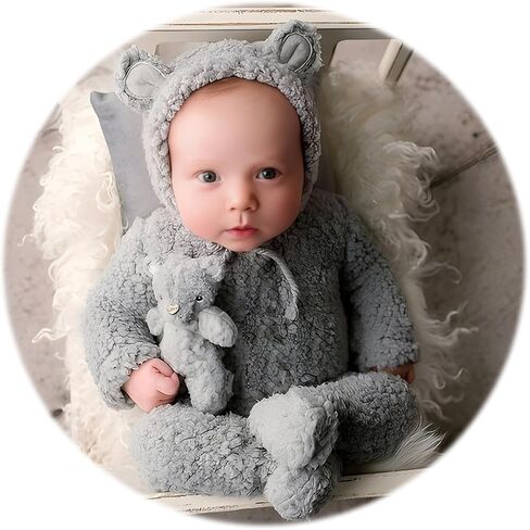 Knitted Footed Romper and Bonnet for Newborn Photography, Newborn Bear Outfit for Photoshoot Overalls Baby Photo Props in Kuwait
