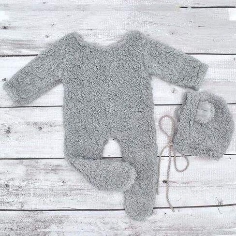 Knitted Footed Romper and Bonnet for Newborn Photography, Newborn Bear Outfit for Photoshoot Overalls Baby Photo Props in Kuwait