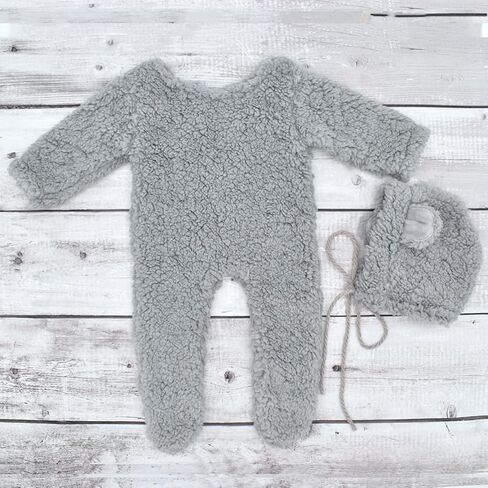 Knitted Footed Romper and Bonnet for Newborn Photography, Newborn Bear Outfit for Photoshoot Overalls Baby Photo Props in Kuwait