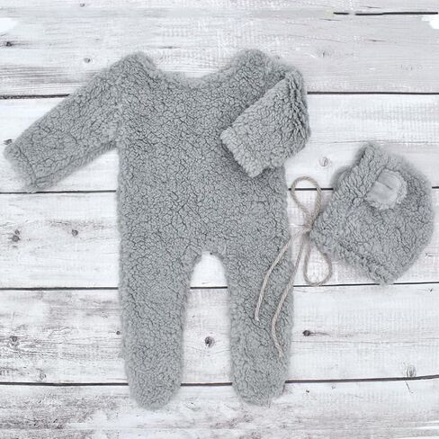Knitted Footed Romper and Bonnet for Newborn Photography, Newborn Bear Outfit for Photoshoot Overalls Baby Photo Props in Kuwait