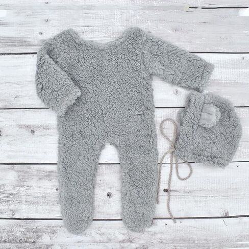 Knitted Footed Romper and Bonnet for Newborn Photography, Newborn Bear Outfit for Photoshoot Overalls Baby Photo Props in Kuwait