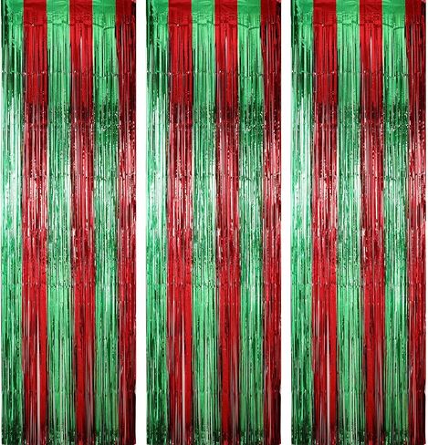 Sumind 3 Pack Metallic Tinsel Curtains, Foil Fringe Shimmer Curtain Door Window Decoration for Birthday Wedding Party (Red with Green) in Saudi Arabia