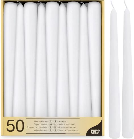 PAPSTAR White Taper Candles 10 inch Dripless 50 Count Bulk Pack | European Premium Quality Unscented, Smokeless Tall Tapered Dinner Candle Sticks - Made in Germany in Saudi Arabia