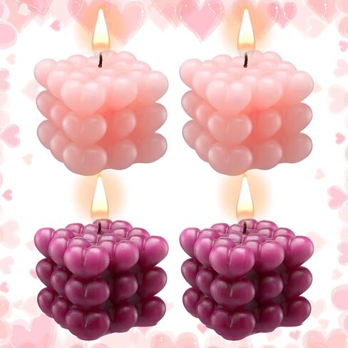 Treela 4 Pcs Valentine's Day Heart Bubble Cube Candle 2.68 x 2.56 x 2.36'' Cute Decorative Candles Soy Wax Aesthetic Candle Room Decor for Home Wedding Birthday Kitchen Romantic Gift (Pink,Purple) in Saudi Arabia