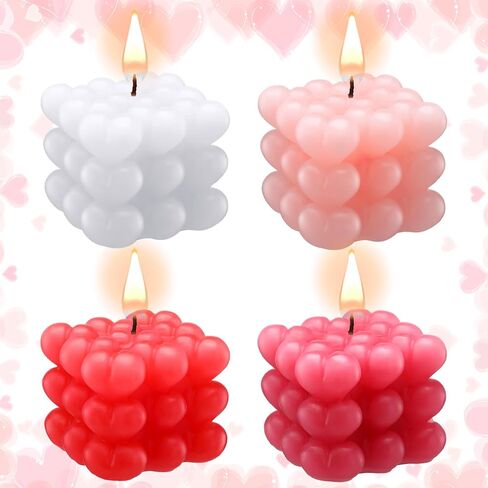 Treela 4 Pcs Valentine's Day Heart Bubble Cube Candle 2.68 x 2.56 x 2.36'' Cute Decorative Candles Soy Wax Aesthetic Candle Room Decor for Home Wedding Birthday Kitchen Romantic Gift (Pink,Purple) in Saudi Arabia