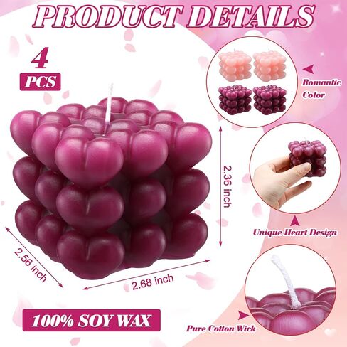 Treela 4 Pcs Valentine's Day Heart Bubble Cube Candle 2.68 x 2.56 x 2.36'' Cute Decorative Candles Soy Wax Aesthetic Candle Room Decor for Home Wedding Birthday Kitchen Romantic Gift (Pink,Purple) in Saudi Arabia
