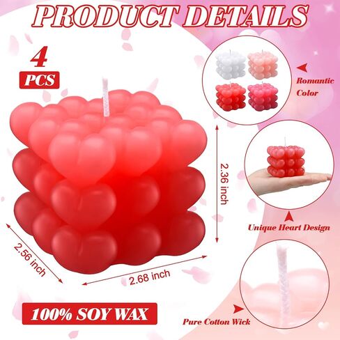 Treela 4 Pcs Valentine's Day Heart Bubble Cube Candle 2.68 x 2.56 x 2.36'' Cute Decorative Candles Soy Wax Aesthetic Candle Room Decor for Home Wedding Birthday Kitchen Romantic Gift (Pink,Purple) in Saudi Arabia