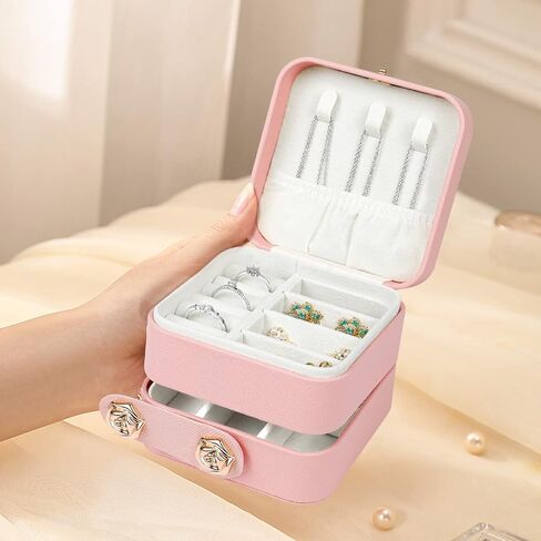 Hicdaw Travel Jewelry Case Small Jewelry Box PU Leather Organizer Box 3 Layer Mini Jewelry Travel Case Jewelry Gift Box for Women Girls in Kuwait