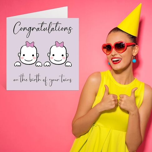 Stuff4 New Baby Card Twins - Girl/Girl - Congratulations Baby Cards Newborn, Well Done Congrats New Baby Cards, Welcome To The World Home Gifts, 5.7 x 5.7 Inch Baby Greeting Cards for Parents in Saudi Arabia