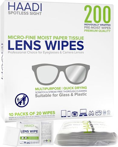 Glasses Cleaner Lens Wipes for Eyeglasses 200 Individually Wrapped Multipurpose Pre-Moistened Wipe for Spectacle Lenses, Cameras, Binoculars, Mirrors, Screens, Optical and Electronic Devices in Saudi Arabia