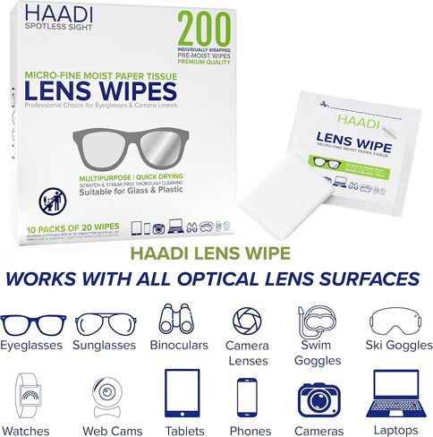 Glasses Cleaner Lens Wipes for Eyeglasses 200 Individually Wrapped Multipurpose Pre-Moistened Wipe for Spectacle Lenses, Cameras, Binoculars, Mirrors, Screens, Optical and Electronic Devices in Saudi Arabia