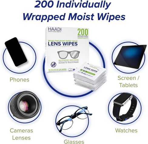 Glasses Cleaner Lens Wipes for Eyeglasses 200 Individually Wrapped Multipurpose Pre-Moistened Wipe for Spectacle Lenses, Cameras, Binoculars, Mirrors, Screens, Optical and Electronic Devices in Saudi Arabia