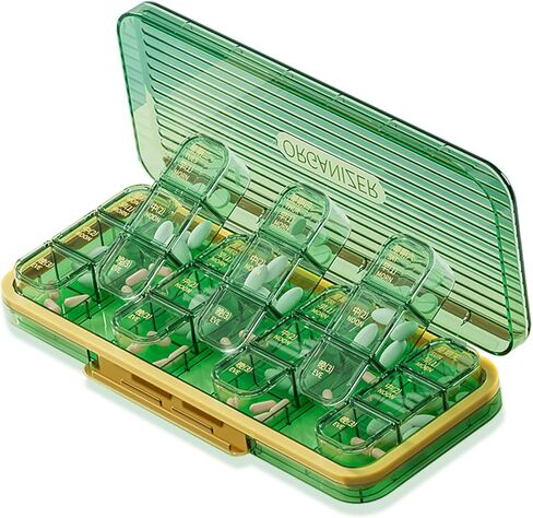 في تي ايه ار منظم حبوب الدواء الاسبوعي 3 مرات في اليوم، صندوق حبوب دواء كبير محمول للسفر لمدة 7 ايام حاوية فيتامين وزيت السمك، حافظة حبوب مكملات الادوية - 21 مساحة تخزين in Kuwait