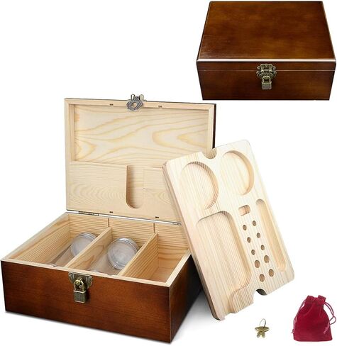 صندوق تخزين خشبي من ShineeKee Stash Box مع صينية دوارة مع مجموعة من الصناديق الخشبية المزخرفة لإكسسوارات الأعشاب، صندوق تذكار ممتاز للزوج والأب والرجال، هدية عيد الميلاد (بني) in Kuwait