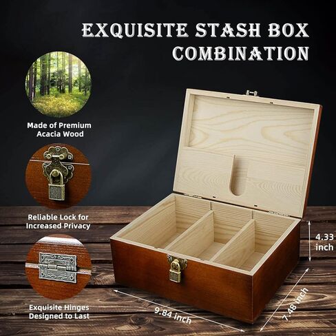 صندوق تخزين خشبي من ShineeKee Stash Box مع صينية دوارة مع مجموعة من الصناديق الخشبية المزخرفة لإكسسوارات الأعشاب، صندوق تذكار ممتاز للزوج والأب والرجال، هدية عيد الميلاد (بني) in Kuwait