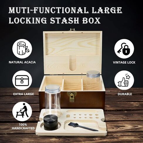 صندوق تخزين خشبي من ShineeKee Stash Box مع صينية دوارة مع مجموعة من الصناديق الخشبية المزخرفة لإكسسوارات الأعشاب، صندوق تذكار ممتاز للزوج والأب والرجال، هدية عيد الميلاد (بني) in Kuwait