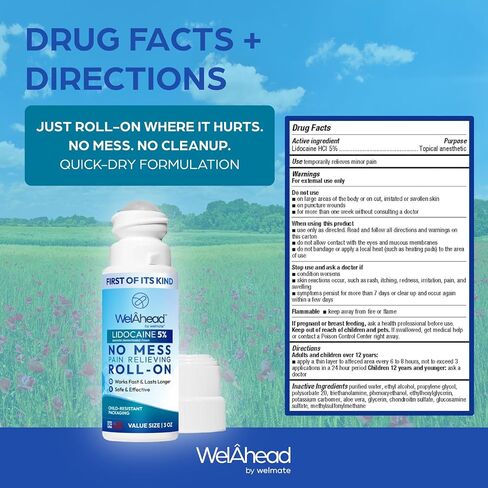 WelAhead - 5% Lidocaine Roll On | Maximum Strength Topical Pain Relief w/Aloe Vera | Fast Acting | No Mess Applicator | Muscle & Joint Support | Use on Tattoos | Lidocaine Cream | Numbing Cream | 3 Oz in Saudi Arabia