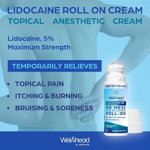 WelAhead - 5% Lidocaine Roll On | Maximum Strength Topical Pain Relief w/Aloe Vera | Fast Acting | No Mess Applicator | Muscle & Joint Support | Use on Tattoos | Lidocaine Cream | Numbing Cream | 3 Oz in Saudi Arabia