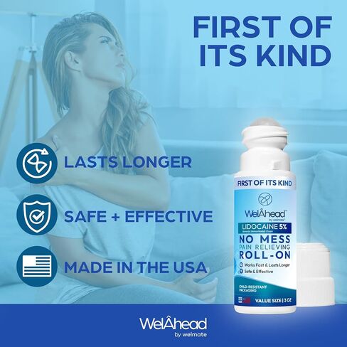 WelAhead - 5% Lidocaine Roll On | Maximum Strength Topical Pain Relief w/Aloe Vera | Fast Acting | No Mess Applicator | Muscle & Joint Support | Use on Tattoos | Lidocaine Cream | Numbing Cream | 3 Oz in Saudi Arabia