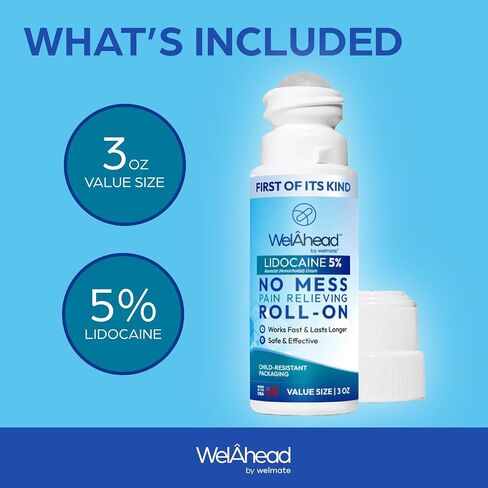 WelAhead - 5% Lidocaine Roll On | Maximum Strength Topical Pain Relief w/Aloe Vera | Fast Acting | No Mess Applicator | Muscle & Joint Support | Use on Tattoos | Lidocaine Cream | Numbing Cream | 3 Oz in Saudi Arabia