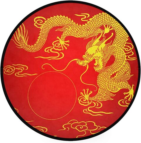 سجادة منطقة دائرية صينية باللون الأحمر الذهبي من ALAZA Dragon، سجادة دائرية مريحة ماصة وغير قابلة للانزلاق، سجادة أرضية قابلة للغسل، سجادة يوجا للمدخل وغرفة المعيشة وغرفة النوم والأريكة وديكور المنزل in Kuwait