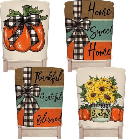 Whaline 4 Pack Fall Chair Covers Thanksgiving Dining Room Seat Covers Pumpkins Flowers Pattern Dining Chair Slipcovers Thankful Grateful Chair Back Slip Covers for Autumn Home Kitchen Farmhouse Decor in Saudi Arabia
