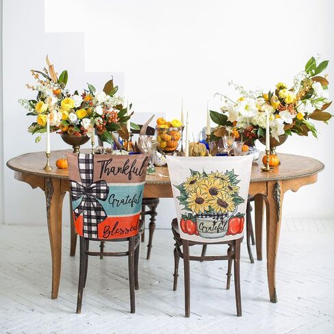Whaline 4 Pack Fall Chair Covers Thanksgiving Dining Room Seat Covers Pumpkins Flowers Pattern Dining Chair Slipcovers Thankful Grateful Chair Back Slip Covers for Autumn Home Kitchen Farmhouse Decor in Saudi Arabia