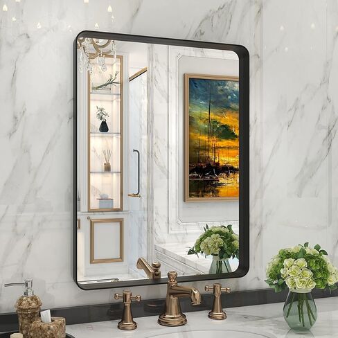 مرآة حائط Guwet للحمام، مرآة حمام سوداء مقاس 24 × 32 بوصة مع إطار معدني من الألومنيوم، مرايا زينة للحمام مستطيلة مستديرة للحوض أو المزرعة أو أفقية أو رأسية (أسود غير لامع). in Kuwait