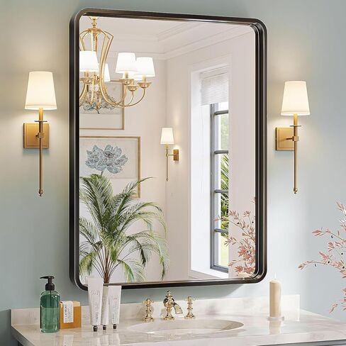 مرآة حائط Guwet للحمام، مرآة حمام سوداء مقاس 24 × 32 بوصة مع إطار معدني من الألومنيوم، مرايا زينة للحمام مستطيلة مستديرة للحوض أو المزرعة أو أفقية أو رأسية (أسود غير لامع). in Kuwait