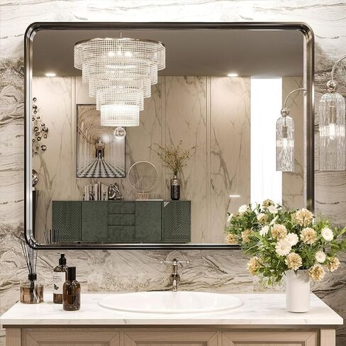 مرآة حائط Guwet للحمام، مرآة حمام سوداء مقاس 24 × 32 بوصة مع إطار معدني من الألومنيوم، مرايا زينة للحمام مستطيلة مستديرة للحوض أو المزرعة أو أفقية أو رأسية (أسود غير لامع). in Kuwait