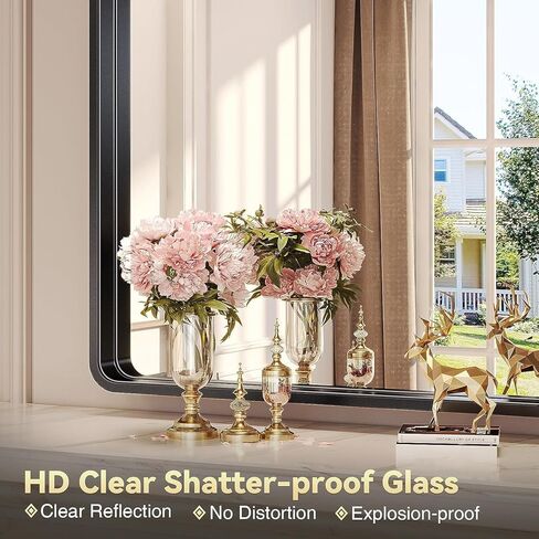 مرآة حائط Guwet للحمام، مرآة حمام سوداء مقاس 24 × 32 بوصة مع إطار معدني من الألومنيوم، مرايا زينة للحمام مستطيلة مستديرة للحوض أو المزرعة أو أفقية أو رأسية (أسود غير لامع). in Kuwait