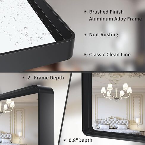 مرآة حائط Guwet للحمام، مرآة حمام سوداء مقاس 24 × 32 بوصة مع إطار معدني من الألومنيوم، مرايا زينة للحمام مستطيلة مستديرة للحوض أو المزرعة أو أفقية أو رأسية (أسود غير لامع). in Kuwait