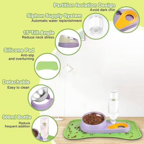 تجديد جهاز تغذية وسقي الحيوانات الأليفة، أوعية طعام مرتفعة قابلة للإمالة مع حصيرة طعام مقاومة للماء، مجموعة أوعية مياه طعام قابلة للإزالة 2 في 1 مع زجاجة مياه سيفون أوتوماتيكية سعة 500 مل للكلاب والقطط والحيوانات الصغيرة (أخضر) in Kuwait