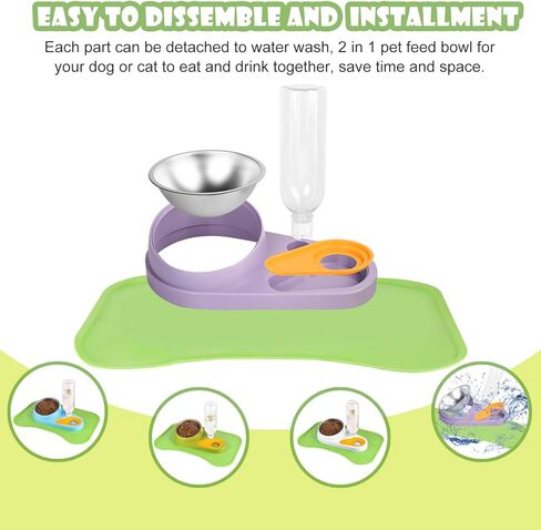 تجديد جهاز تغذية وسقي الحيوانات الأليفة، أوعية طعام مرتفعة قابلة للإمالة مع حصيرة طعام مقاومة للماء، مجموعة أوعية مياه طعام قابلة للإزالة 2 في 1 مع زجاجة مياه سيفون أوتوماتيكية سعة 500 مل للكلاب والقطط والحيوانات الصغيرة (أخضر) in Kuwait