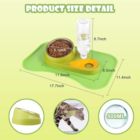 تجديد جهاز تغذية وسقي الحيوانات الأليفة، أوعية طعام مرتفعة قابلة للإمالة مع حصيرة طعام مقاومة للماء، مجموعة أوعية مياه طعام قابلة للإزالة 2 في 1 مع زجاجة مياه سيفون أوتوماتيكية سعة 500 مل للكلاب والقطط والحيوانات الصغيرة (أخضر) in Kuwait