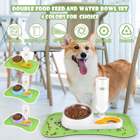 تجديد جهاز تغذية وسقي الحيوانات الأليفة، أوعية طعام مرتفعة قابلة للإمالة مع حصيرة طعام مقاومة للماء، مجموعة أوعية مياه طعام قابلة للإزالة 2 في 1 مع زجاجة مياه سيفون أوتوماتيكية سعة 500 مل للكلاب والقطط والحيوانات الصغيرة (أخضر) in Kuwait