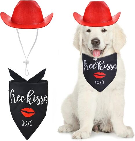 CooShou الكلب عيد الحب زي جرو الأحمر قبعة رعاة البقر الكلب قبلة باندانا الحيوانات الأليفة كاوبوي زي مع القلب للكلاب القطط 2 قطعة in Kuwait