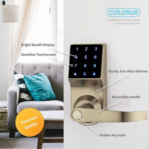 قفل باب رقمي موثوق به من COLOSUS NDL319 لأمن المنزل والمكتب، شاشة تعمل باللمس - 50 رمز مستخدم + 4 مفاتيح + 1 جهاز تحكم عن بعد + 2 مفتاح (ذهبي) ... in Kuwait