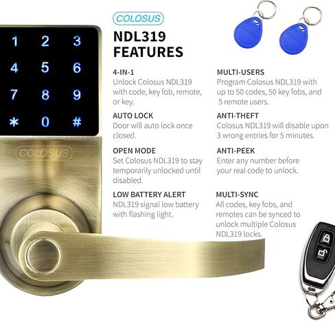 قفل باب رقمي موثوق به من COLOSUS NDL319 لأمن المنزل والمكتب، شاشة تعمل باللمس - 50 رمز مستخدم + 4 مفاتيح + 1 جهاز تحكم عن بعد + 2 مفتاح (ذهبي) ... in Kuwait