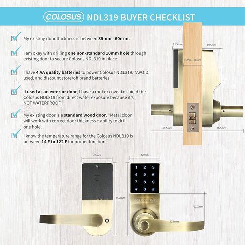 قفل باب رقمي موثوق به من COLOSUS NDL319 لأمن المنزل والمكتب، شاشة تعمل باللمس - 50 رمز مستخدم + 4 مفاتيح + 1 جهاز تحكم عن بعد + 2 مفتاح (ذهبي) ... in Kuwait