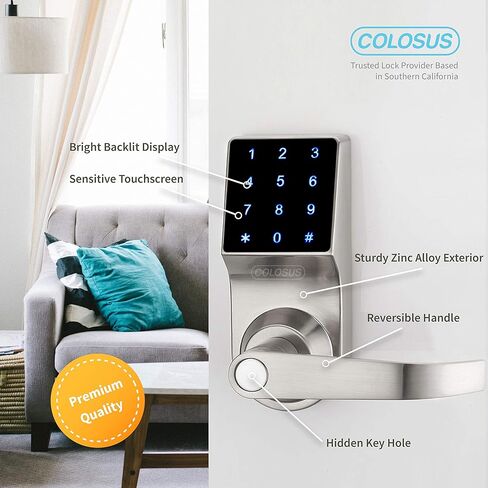 قفل باب رقمي موثوق به من COLOSUS NDL319 لأمن المنزل والمكتب، شاشة تعمل باللمس - 50 رمز مستخدم + 4 مفاتيح + 1 جهاز تحكم عن بعد + 2 مفتاح (ذهبي) ... in Kuwait