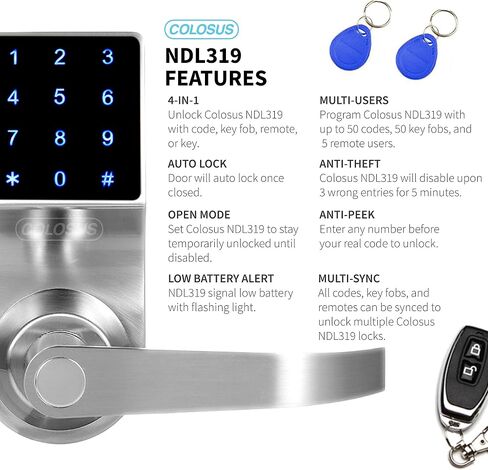 قفل باب رقمي موثوق به من COLOSUS NDL319 لأمن المنزل والمكتب، شاشة تعمل باللمس - 50 رمز مستخدم + 4 مفاتيح + 1 جهاز تحكم عن بعد + 2 مفتاح (ذهبي) ... in Kuwait