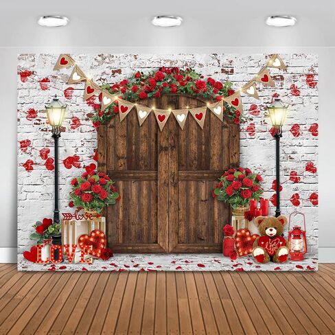 Mocsicka Rustic Wood Door Red Roses Backdrop Love Hearts Brick Wall Background Romantic Valentine's Day Party Decoration Supplies Photo Booth Props (7x5ft) in Saudi Arabia