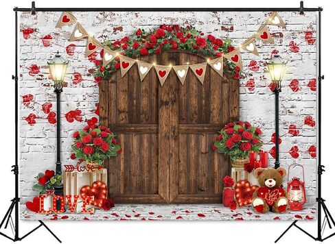 Mocsicka Rustic Wood Door Red Roses Backdrop Love Hearts Brick Wall Background Romantic Valentine's Day Party Decoration Supplies Photo Booth Props (7x5ft) in Saudi Arabia