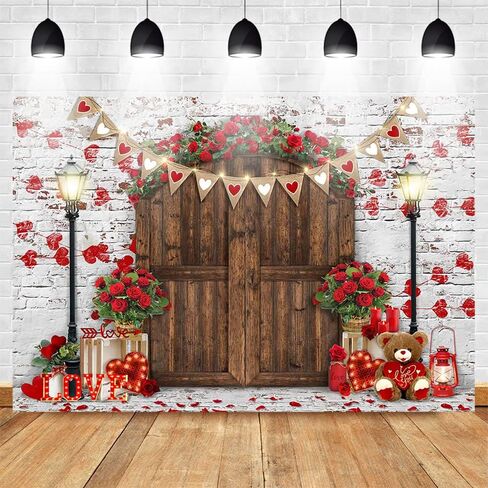 Mocsicka Rustic Wood Door Red Roses Backdrop Love Hearts Brick Wall Background Romantic Valentine's Day Party Decoration Supplies Photo Booth Props (7x5ft) in Saudi Arabia